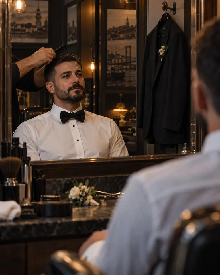 Papyonlu damat, aynanın karşısında son dokunuşu bekliyor